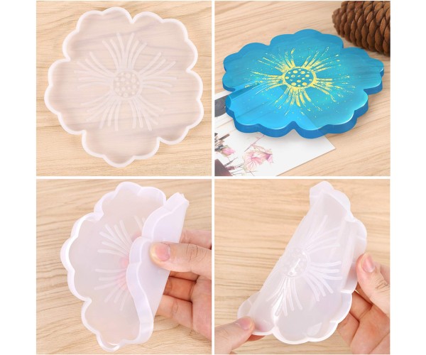 Epoksi Bardak Altlığı Kalıbı Çiçek Desenli Bardak Altı Kalıbı Silikon 12x12cm GT9212