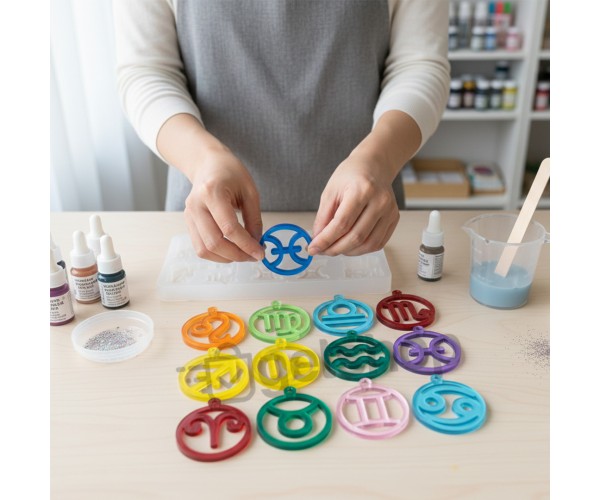 Epoksi Burç Kalıbı Yuvarlak Anahtarlık Burç Kalıbı Silikon 4.5x4.5cm