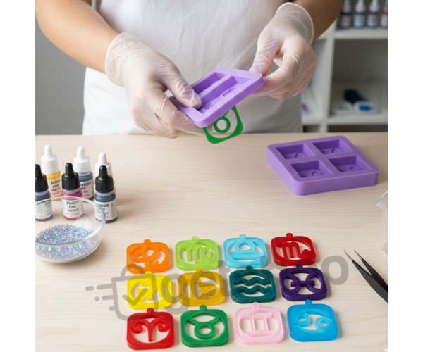 Epoksi Burç Kalıbı Kare Anahtarlık Burç Kalıbı Silikon 4.5x4.5cm