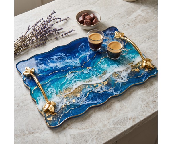 Epoksi Tepsi Yaprak Kulp Modern Kulp - Gold