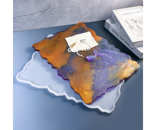Epoksi Tepsi Kalıbı Dikdörtgen Dalgalı Tepsi Kalıbı Kokulu Taş Tozu Tepsi Kalıbı Silikon 39x29cm