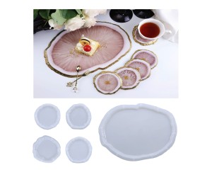 Epoksi Kristal Köşeli Tepsi ve Bardak Altlığı Seti Silikon Kalıbı - 5 Parça